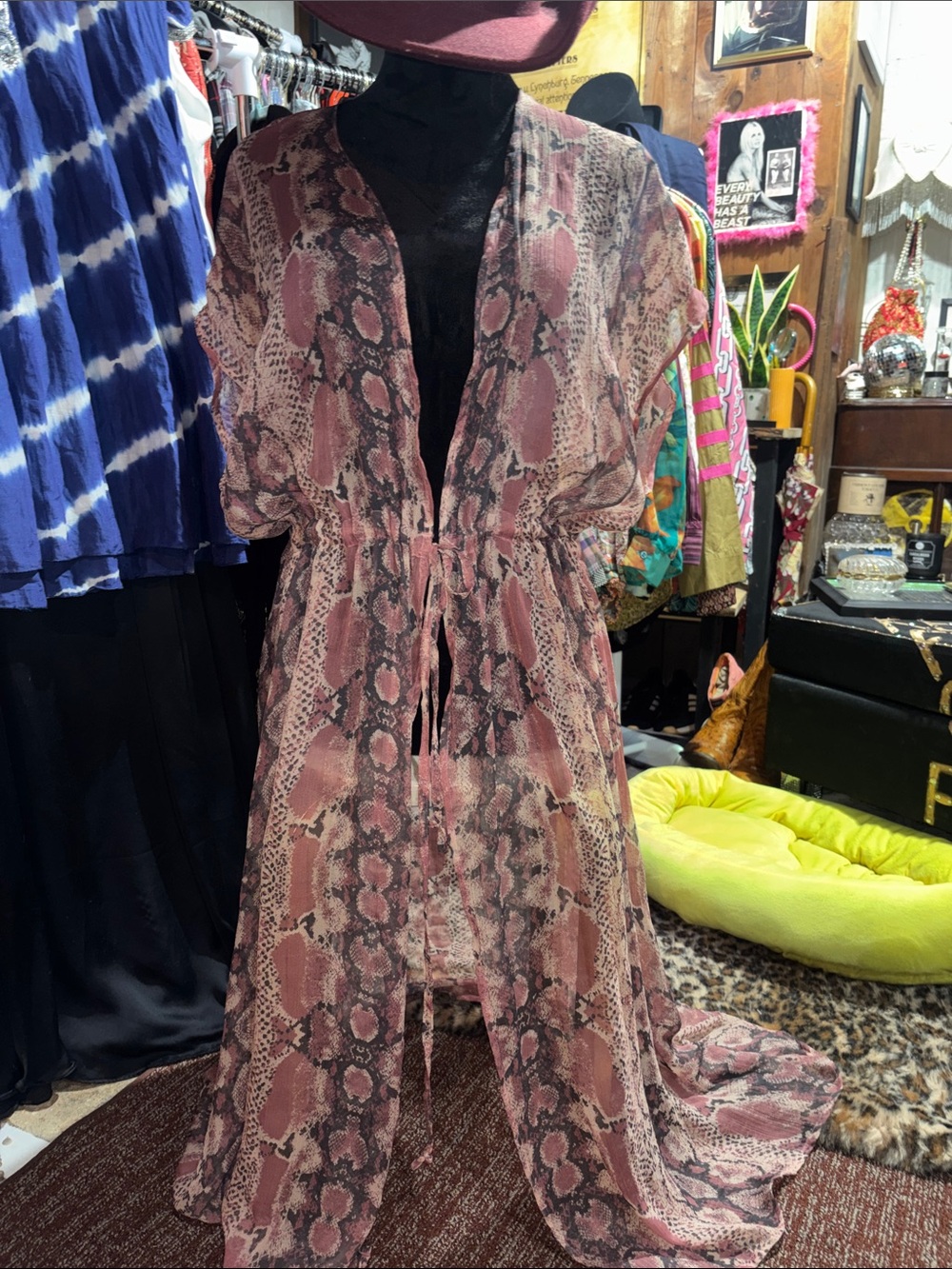 Betsey Johnson Pink Snake-Print duster Tie Waist open front sheer floor length